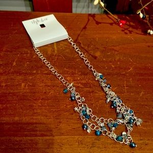 Beautiful NWT silver plated 20” lobster claw Necklace w blue stones and baubles!